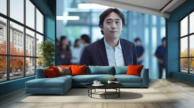 portrait of a japanese entrepreneur standing and holding a mobile phone in a modern office. corporate business, business entrepreneurship Wall mural