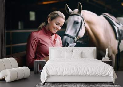 Portrait of Caucasian female jockey taking rest after dressage training with stallion champion holding modern smartphone and smiling at camera, cheerful woman with cellphone spending weekend for hobby Wall mural