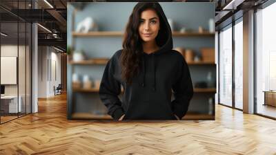 Sweatshirt hoodie mockup, Unrecognizable woman poses in a black sweatshirt against the background of white boards, facing the camera Wall mural