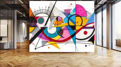 A series of geometric shapes, outlined in bold black ink and filled with vibrant colors, abstractly designed, isolated on white background Wall mural