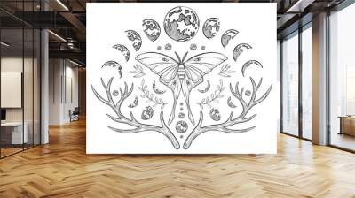 Mystical luna Moth with Moon phases. Vector illustration of a night butterfly with wings. Drawing of celestial magical composition for prints painted by black inks in linear style. Monochrome etching. Wall mural