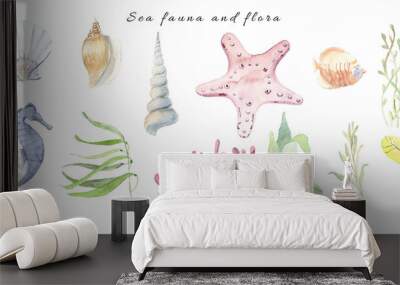 Watercolor sea set, marine fauna and flora, isolated watercolor objects on a white background Wall mural