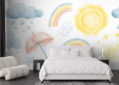 Watercolor Weather set. Hand drawing illustration with Clouds, Stars, Sun, Rain, Rainbow, Crescent, Snow and Umbrella. Colored elements painted on white isolated background Wall mural