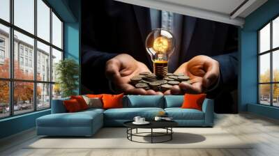 A businessman holds a glowing light bulb and money coins in his palms. Energy saving concept. Wall mural