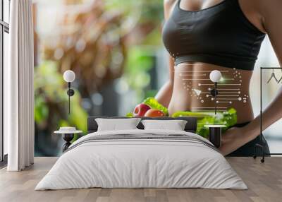 A woman in sportswear holds steamed vegetables surrounded by an abstract digital halogram of health data graphs. Diet infographic, metabolism visualization, fat burning. Wall mural