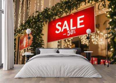 Christmas sale sign with fifty percent discount in a decorated shop window, festive holiday shopping and seasonal promotions Wall mural