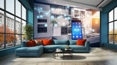 Smartphone with glowing screen and app icons for smart home. Smart technology concept. Rectangular. Wall mural