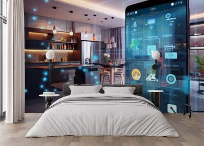 Smartphone with glowing screen and smart home app icons. Smart technology concept. Wall mural