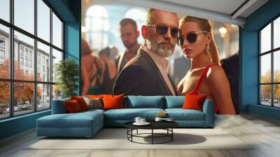 Stylish man and woman in sunglasses posing at a glamorous event, copy space Wall mural