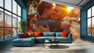 Two caucasian european men embrace during golden hour at pride. Laughing and smiling during a pride celebration party with friends in the city. Authentic image of queer millenials at pride month. Wall mural