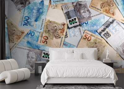 various money notes of 50 reais 100 reais and 200 reais from brazil. money from brazil. earn money. Real, Currency, Money, Dinheiro, Reais, Brasil. Wall mural