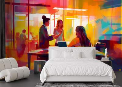 colorful and vibrant digital painting of professionals collaborating and working together in modern office setting Wall mural