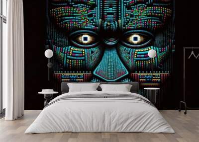 Trippy vibrant esoteric ASCII art of a strange futuristic taboo Tiki mask Eyes Wide Shut cult Wall mural