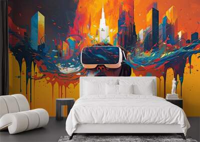 virtual reality illustration girl with a vr headset, warm painted colors technology big city future  Wall mural