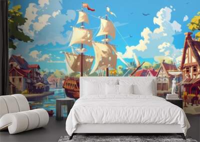 An old sailing ship was anchored in a small, busy harbor. In the vicinity, traders from nearby markets rushed to offer their wares to the crew.  Wall mural