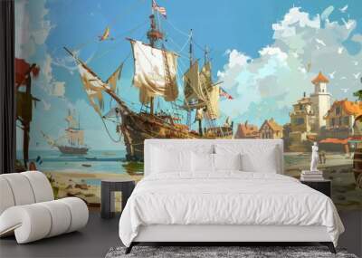 An old sailing ship was anchored in a small, busy harbor. In the vicinity, traders from nearby markets rushed to offer their wares to the crew.  Wall mural