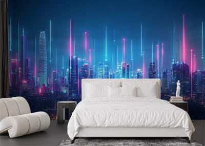 Futuristic cityscape at night with glowing neon lights and digital beams. Wall mural