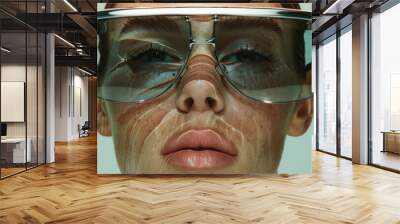 A captivating image of person partially submerged in water, wearing stylish sunglasses. unique perspective highlights interplay of light and water, creating an intriguing visual effect Wall mural