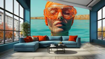 A serene woman with closed eyes floats in turquoise body of water, wearing an orange swim cap and oversized goggles. vibrant colors create tranquil and refreshing atmosphere Wall mural