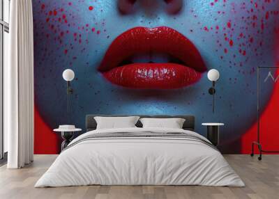 A striking close up of womans lips adorned with vibrant red lipstick, set against bold red background. artistic use of splattered paint adds unique texture, creating an intense and captivating visual Wall mural