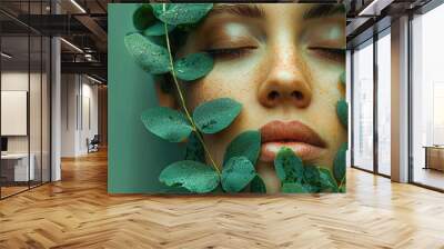 serene portrait of woman with closed eyes, surrounded by lush green leaves, conveying sense of tranquility and connection to nature. droplets on leaves add refreshing touch Wall mural