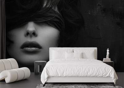 striking black and white portrait of woman with blindfolded eyes, showcasing her elegant features and dark, wavy hair. image evokes sense of mystery and intrigue Wall mural