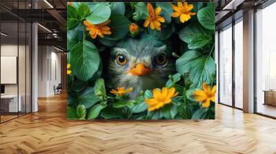 whimsical bird peeks through vibrant green leaves and bright orange flowers, creating playful and enchanting scene. combination of nature and wildlife evokes sense of curiosity and joy Wall mural