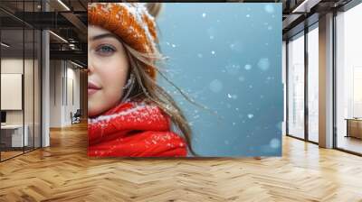 Winter Portrait in Snow with Warm Accessories Wall mural