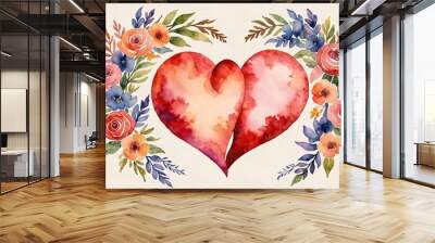 A captivating watercolor of two hearts surrounded by a floral wreath with space for text Wall mural