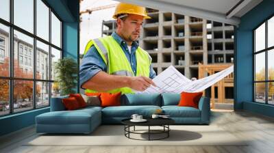 A construction foreman reviewing blueprints at a construction site Wall mural