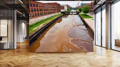 Polluted water flowing through a canal in an industrial district Wall mural