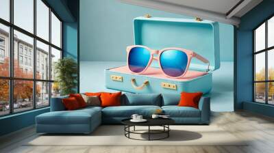 Stylish sunglasses with a pastel light blue case on a matching background Wall mural