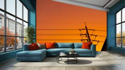 Cable wire and electricity post with warm sky in the evening Wall mural