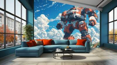 A giant mech stands among flowers under a bright blue sky, showcasing futuristic design and technology in a vibrant landscape Wall mural