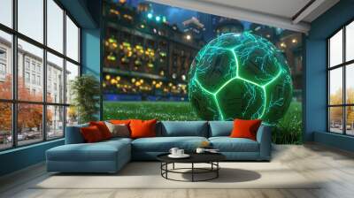 A glowing soccer ball on the field illuminated by stadium lights during an electrifying night match Wall mural