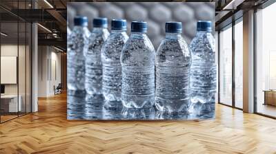 Ten clear water bottles arranged with condensation on a textured surface indoors Wall mural