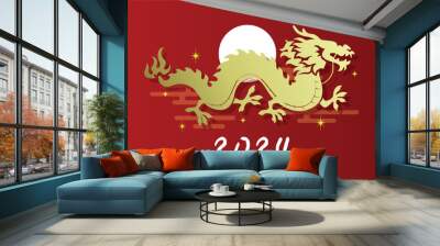 Chinese dragon profile silhouette new year 2024. Happy lunar new year 2024 vector greetings card. Wall mural