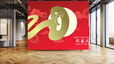 Golden snake shape on red background with auspicious clouds and fireworks pattern. happy lunar new year 2025, chinese new year of the snake. Wall mural