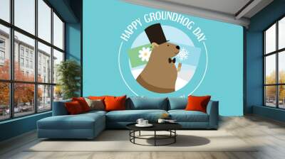 Groundhog profile wearing a top hat greeting banner. February 2 groundhog day predictions. Wall mural