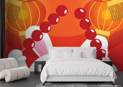 Year of the rabbit greeting card with lanterns decorations. Spring festival or Lunar New Year celebration vector card. CNY 2023. Zodiac rabbit holding tanghulu skewers on red background. Wall mural