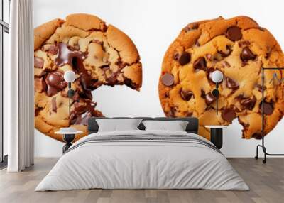 collection of bitten chocolate chip cookies isolated on a white background, top view Wall mural