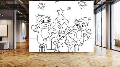 Cute cartoon bear, fox and bunny around Christmas tree. New Year illustration. Black and white vector illustration for coloring book Wall mural