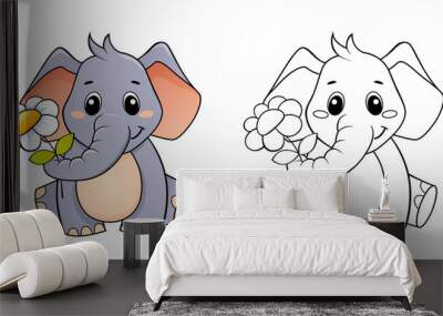 Cute cartoon elephant with flower. Color and black white vector illustration for coloring book Wall mural