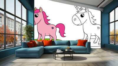 Cute little unicorn. Color and black white vector illustration for coloring book Wall mural