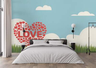 Red heart shaped love graphic against green grass and blue sky, perfect for Valentine's Day. 
 Wall mural