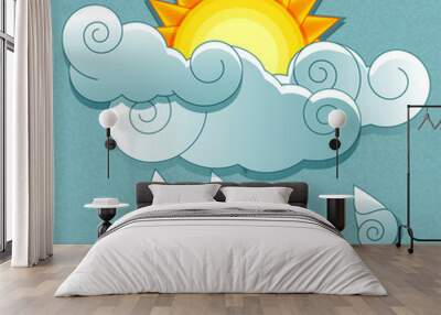 vector weather icons in retro style. sun behind the clouds and r Wall mural