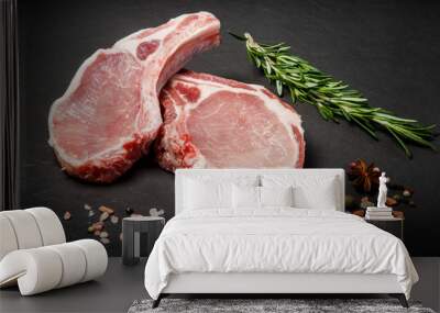 closeup raw ribs with meat served with green rosemary Wall mural