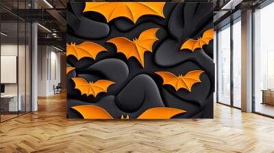 Bright orange bats are scattered across textured black background, creating striking contrast. This design evokes playful yet spooky atmosphere, perfect for Halloween themes Wall mural