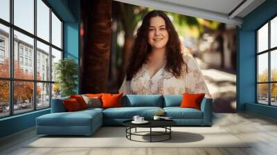 A young slightly overweight smiling woman standing in a palm street and wearing a summer dress. Brunette plus size female. Positive girl. Generative AI  Wall mural