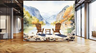 Autumn watercolor illustration of serene landscape with lake, colorful trees, mountains and chairs. Fall season holiday concept for postcard. Outdoor nature scene. Wall mural